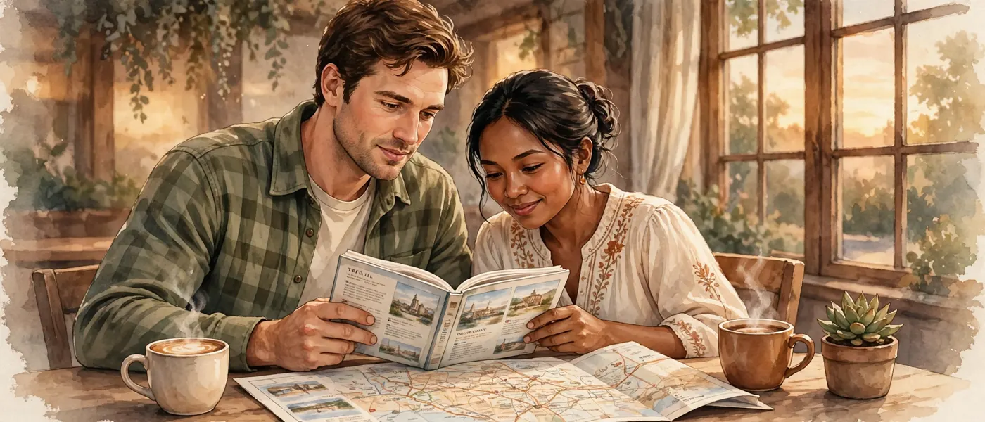 A couple reading a travel guide together