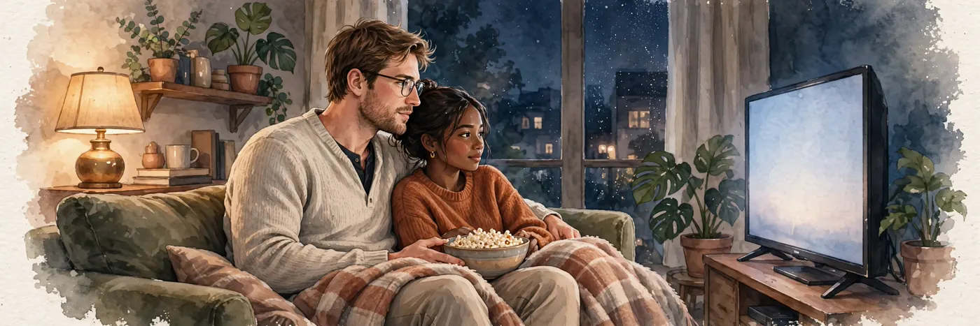 A couple watching a film together on a couch