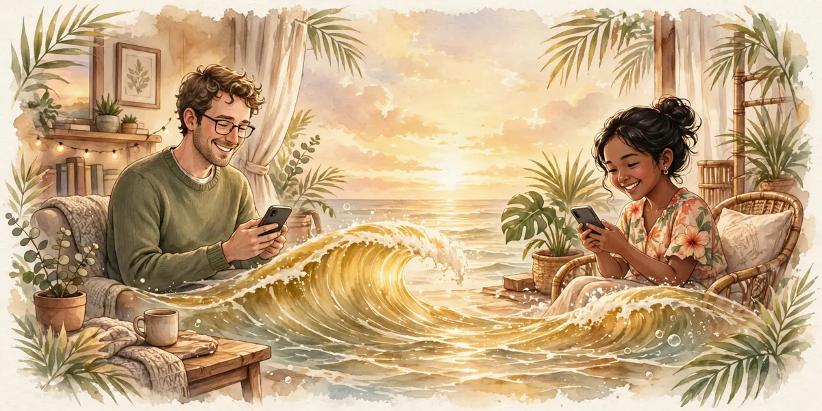 A couple smiling at their phones across a golden ocean wave